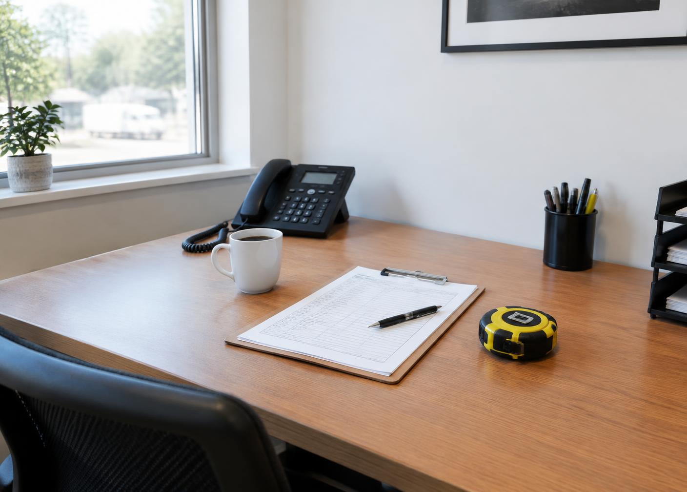Trade office desk with phone, work orders and tape measure